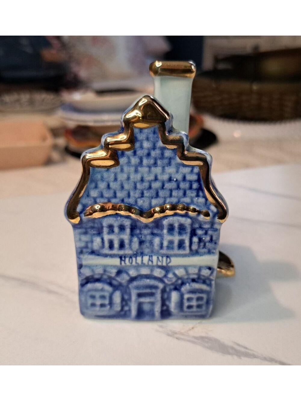 Vintage Delft Blue Ceramic Canal House Chimney Smoker Ashtray w/ Gold Trim